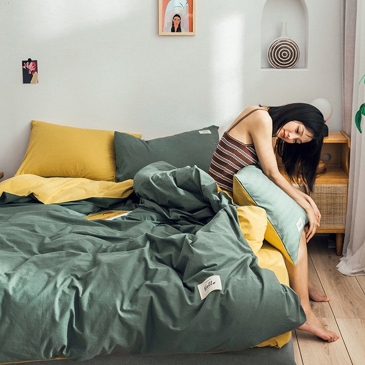 BỘ CHĂN GA GỐI COTTON HÀN QUỐC TICI XANH RÊU PHỐI VÀNG CỰC XINH DRAP GIƯỜNG