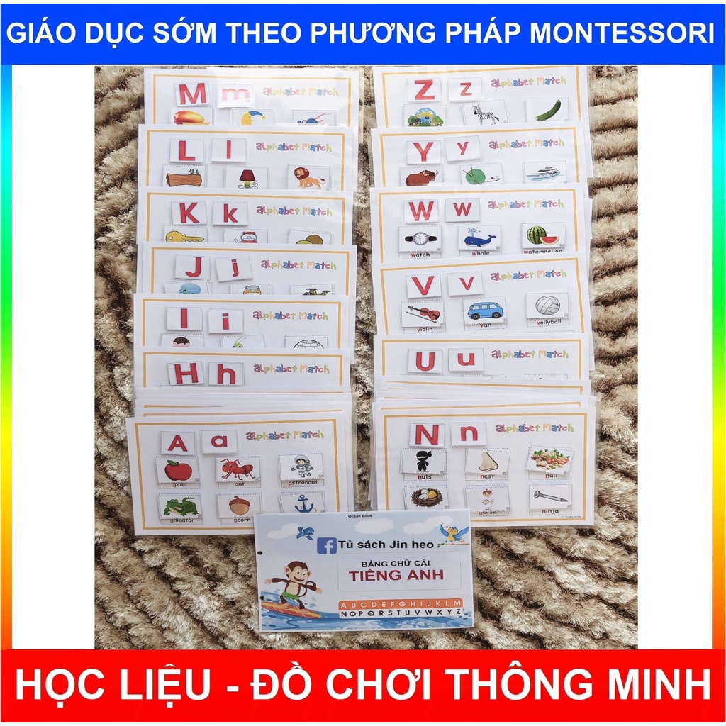 Bảng chữ cái Tiếng Anh, Alphabet English - Học liệu bóc dán Montessori, bé ghi nhớ Từ vựng qua hình ảnh