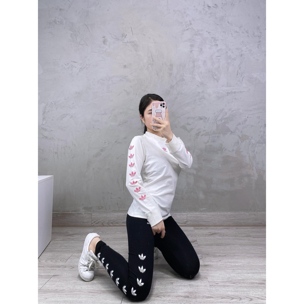 (HÀNG XUẤT XỊN) Áo das trắng tay dài 1733 REPEAT TREFOIL LS TEE WHITE/PINK Made in Cambodia full tag code  SIZE S M L