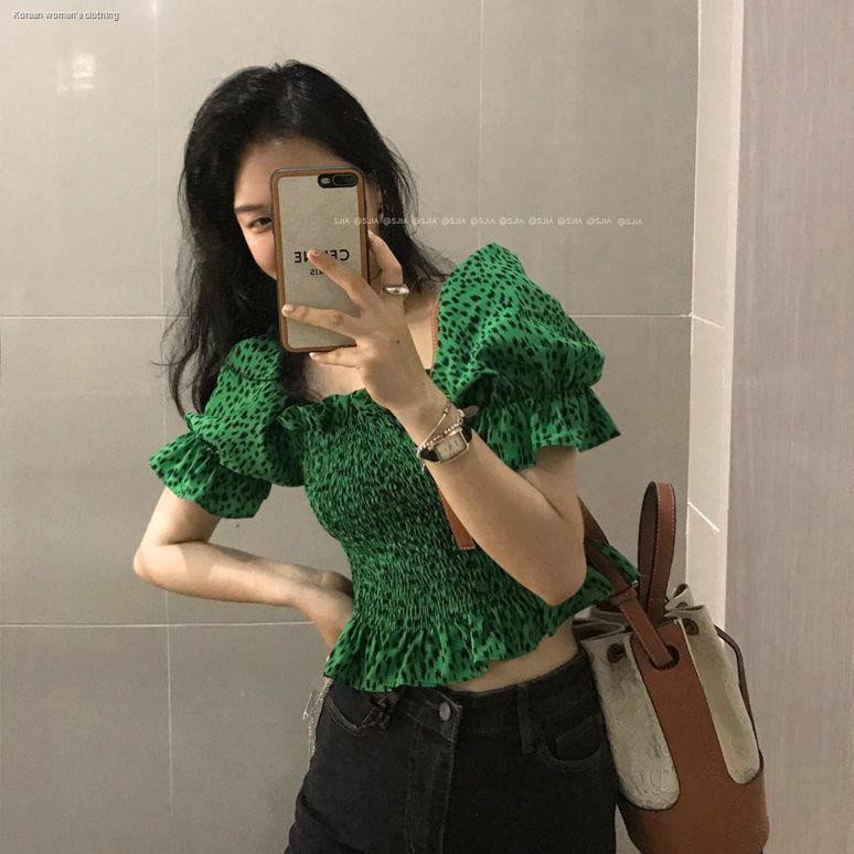 Leopard Print Shirt Women Retro Hong Kong Flavor Summer French Puff Sleeve Square Neck Short Top Dress