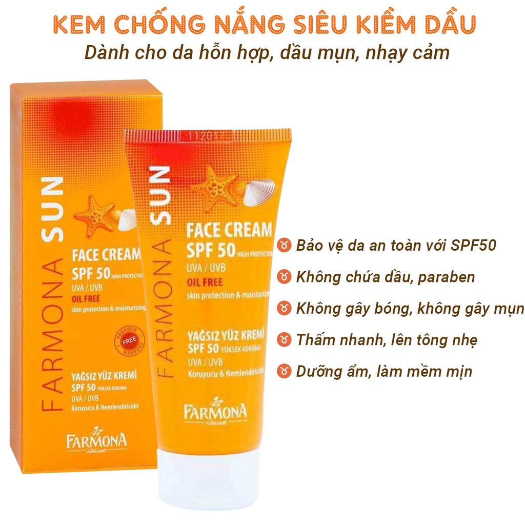 Kem Chống Nắng Farmona Sun Face Cream Oil Free SPF50 Cho Da Dầu Mụn 50ml - Skinfa