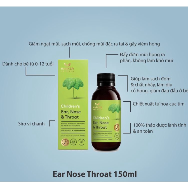 Siro thảo dược Harker Herbals NewZealand xanh lá tai mũi họng / cam tiêu hoá /  tím ngủ ngon 150ml cho bé