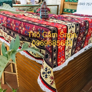 Khăn Trải Bàn Thổ Cẩm Vintage Dệt Tay có viền ren