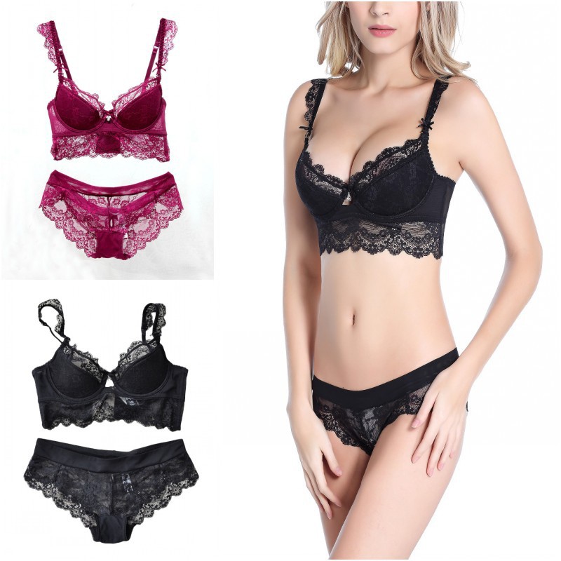 Set áo ngực quần lót ren nâng ngực thiết kế cổ chữ V gợi cảm cho nữ | BigBuy360 - bigbuy360.vn