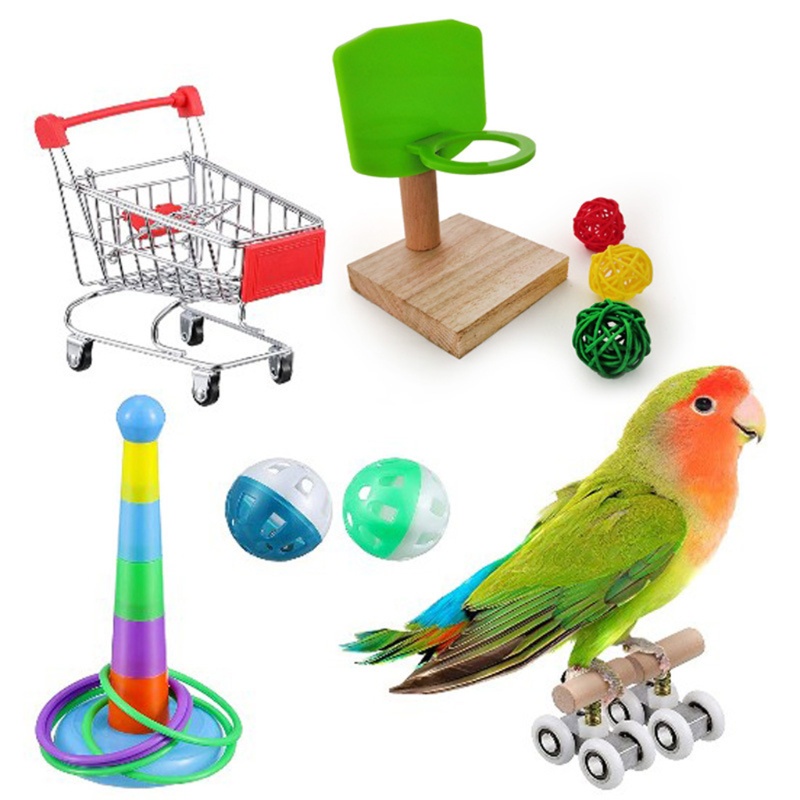 Set 6 Đồ Chơi Xe Đẩy Mua Sắm Mini Có Chuông Cho Chim Vẹt