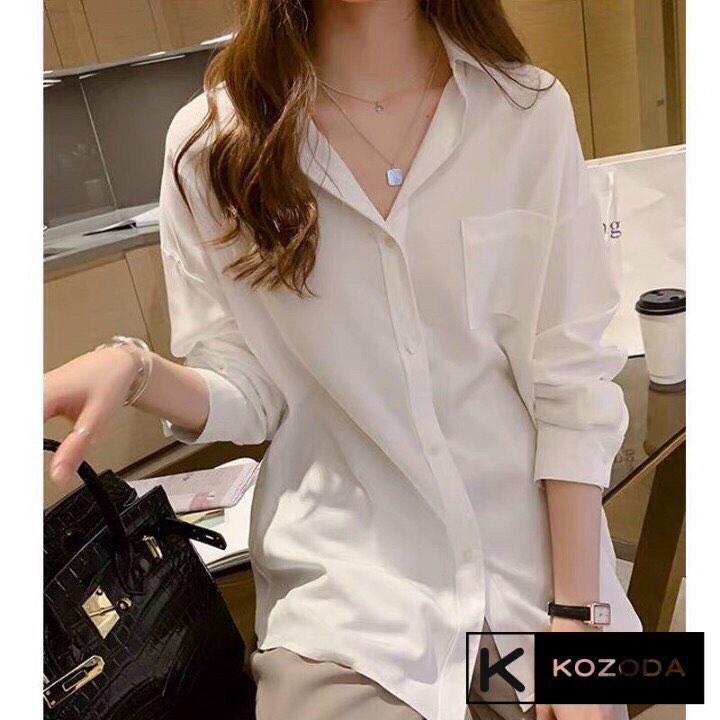 Áo Sơ Mi Trơn Form Rộng Có Túi Tay Dài