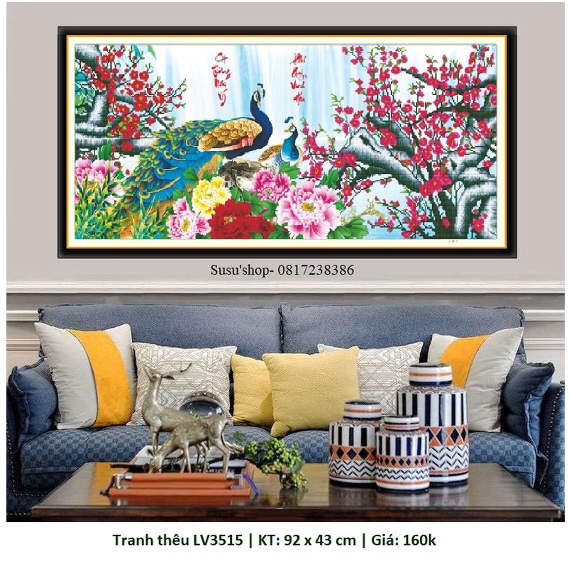 Tranh đính đá chim công Phú quý bình an DF311  (KT: 115 x 52 cm), Tranh thêu 88839 ( 89x42cm), LV3515 (92x43)