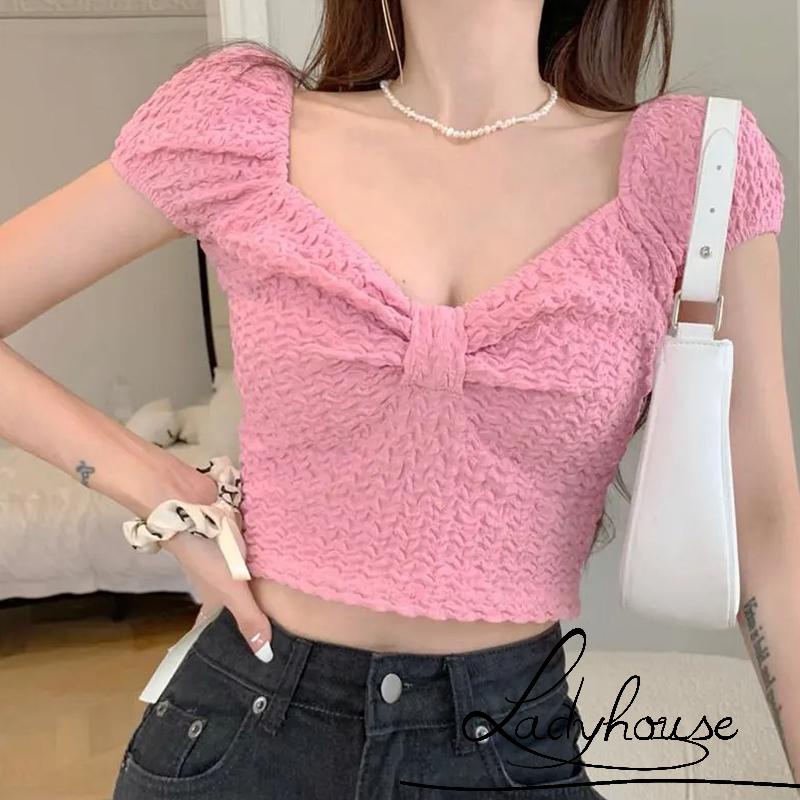 Áo Croptop Tay Ngắn Màu Trơn Họa Tiết Gợn Sóng Phối Nơ Dễ Thương Cho Nữ