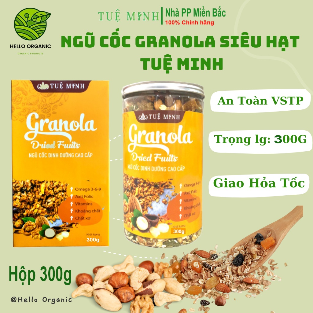 Granola ăn kiêng Tuệ Minh, ngũ cốc hạt granola siêu hạt (300g) không đường tốt cho sức khỏe - Hello organic