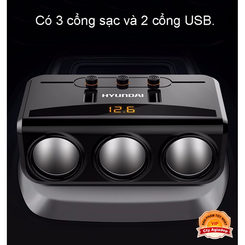 Bộ chia tẩu sạc oto xe hơi cao cấp hàng hiệu HYUNDAI (2 cổng USB, 3 cổng sạc) AHY29