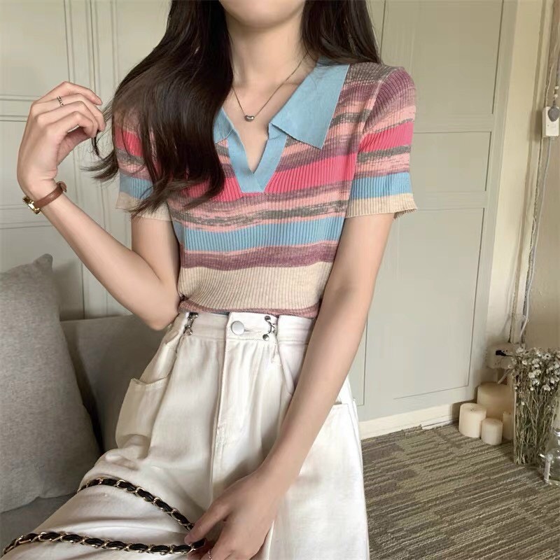 Áo thun polo dệt kim nữ tay ngắn kiểu kẻ sọc phối màu hàng thiết kế Quảng Châu cao cấp