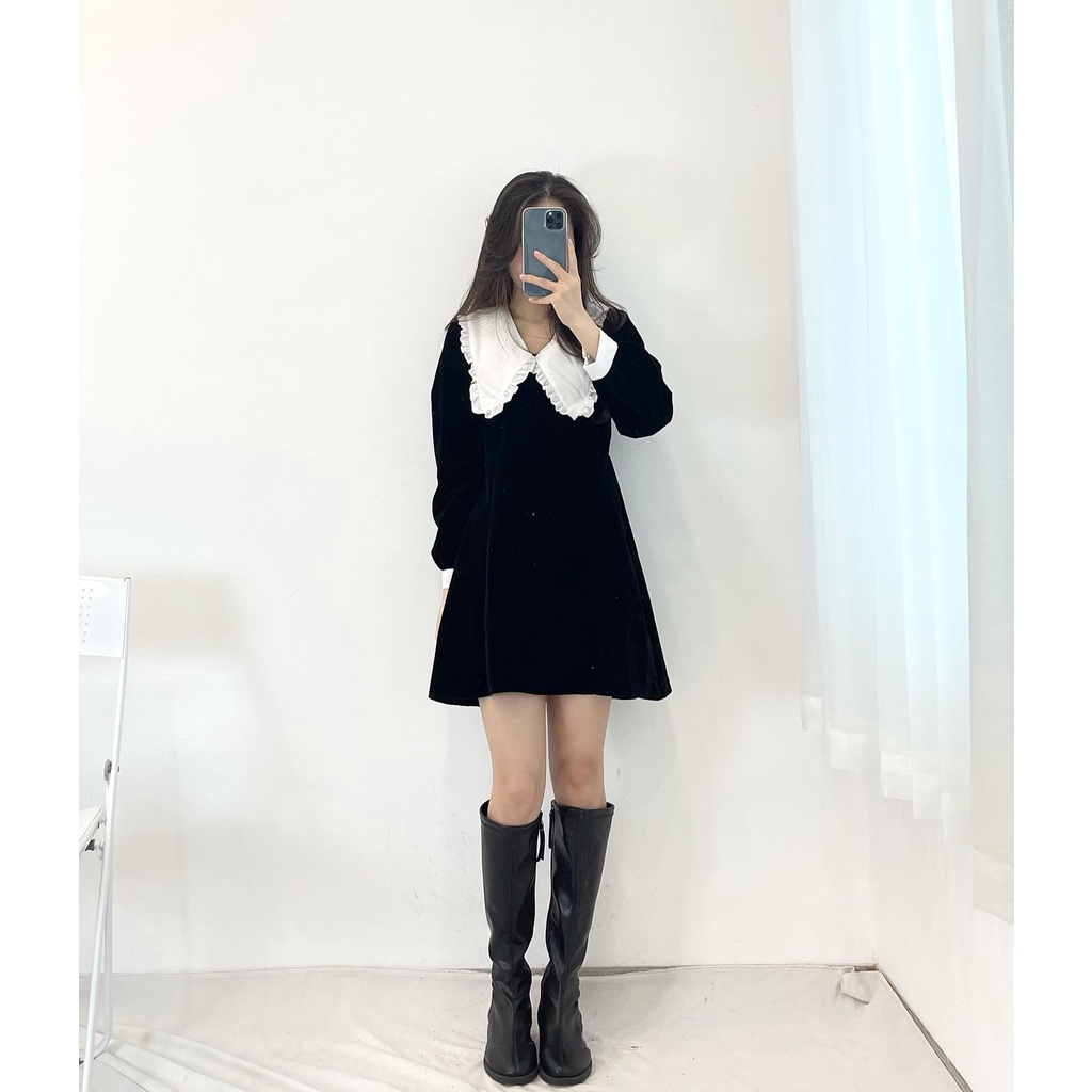 Đầm nhung cổ bèo ống tay trắng Miho house