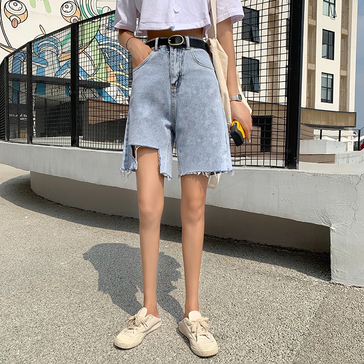 Xiaozhainv Quần ngắn Denim ZANZEA lưng cao thiết kế rách phong cách Hàn Quốc