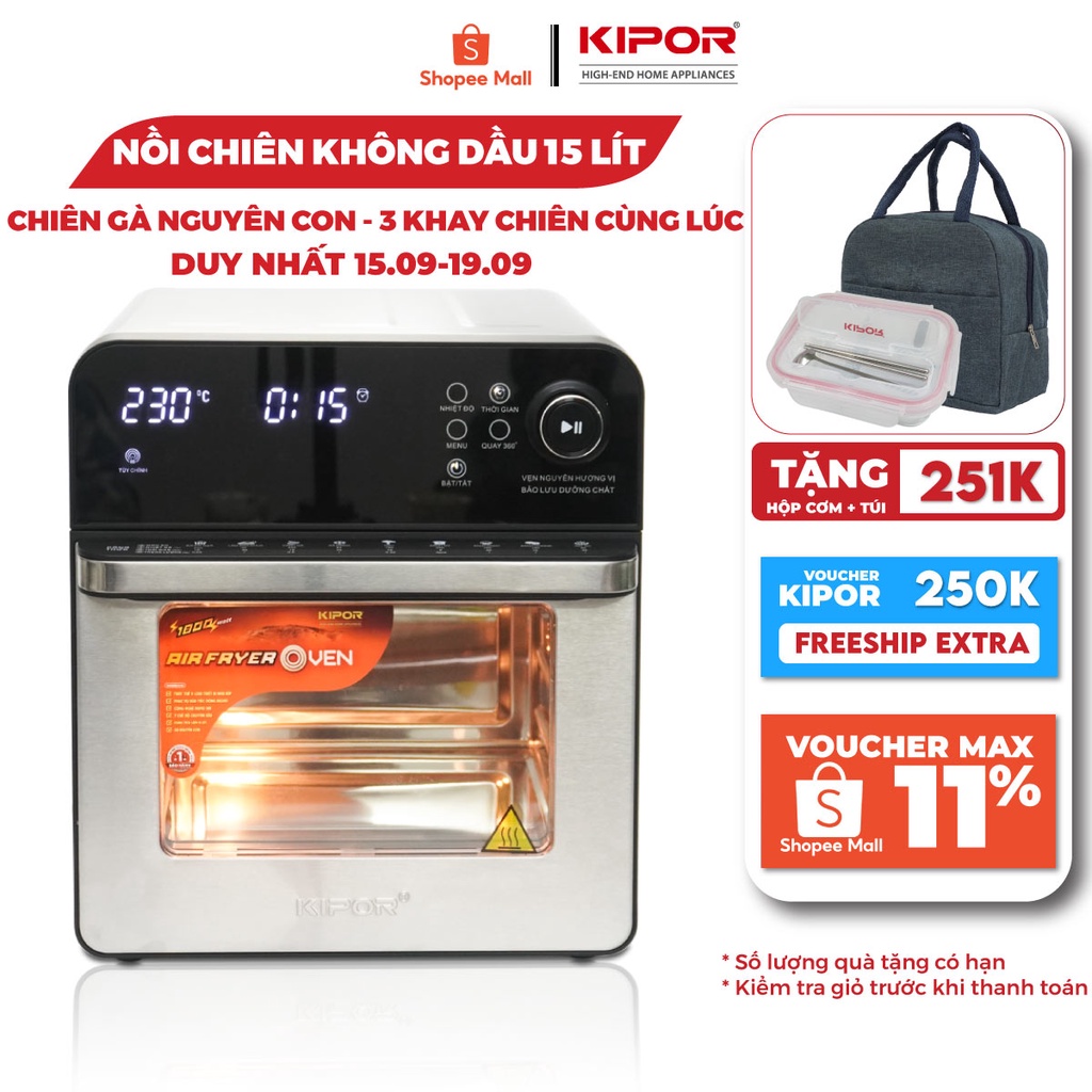 Nồi chiên không dầu KIPOR KP-AF657 - 15L - Lò nướng điển tử RAPID AIR nhiệt tối đa 230 độ - Bảo hành tại nhà 12 tháng