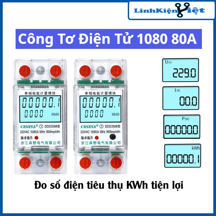 Công tơ điện tử 1080 1 pha điện áp 220V 80A đo số điện tiêu thụ KWH nhựa ABS chống cháy, màn hình LCD