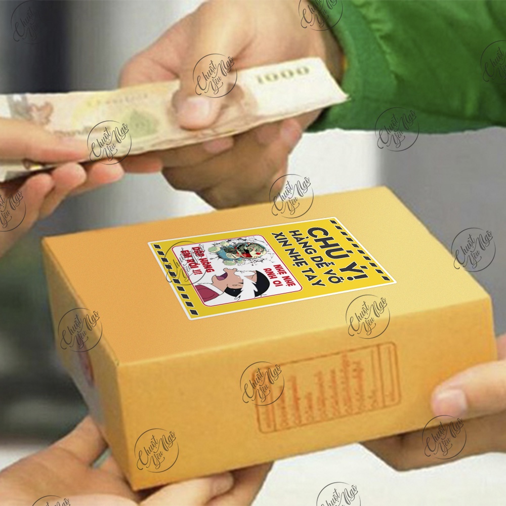 Combo 100 tem dán Chú Ý Hàng Dễ Vỡ Xin Nhẹ Tay nhẹ tai đô rê mon vui nhộn dán hộp hàng vận chuyển