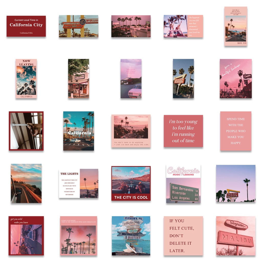 50 Sticker Dán Trang Trí Điện Thoại Ván Trượt Laptop Phong Cách INS Style California