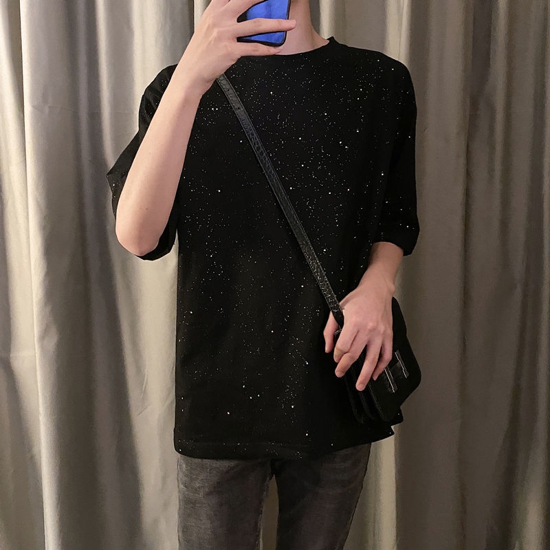 Áo Thun Tay Ngắn Đính Kim Sa Lấp Lánh Thời Trang Hàn Quốc Cho Nam