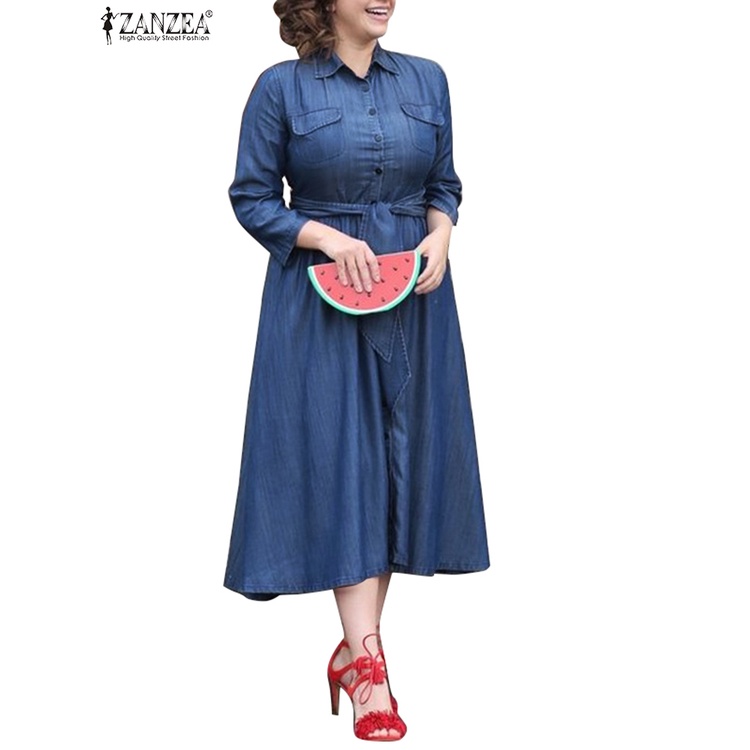 Đầm denim Zanzea tay 3/4 phong cách Âu Mỹ thời trang cho nữ