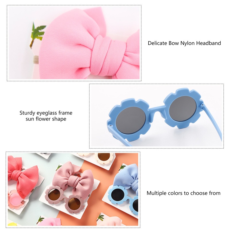 Set Kính Mát + Băng Đô Nơ Họa Tiết Hoạt Hình Màu Trơn Dành Cho Bé Gái