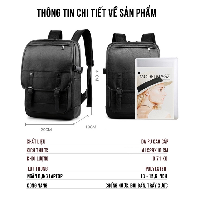 Balo đi học cao cấp thời trang nam nữ unisex Túi Bụi  chất liệu da Pu, ngăn để laptop máy tính 15,6 inch - TB02