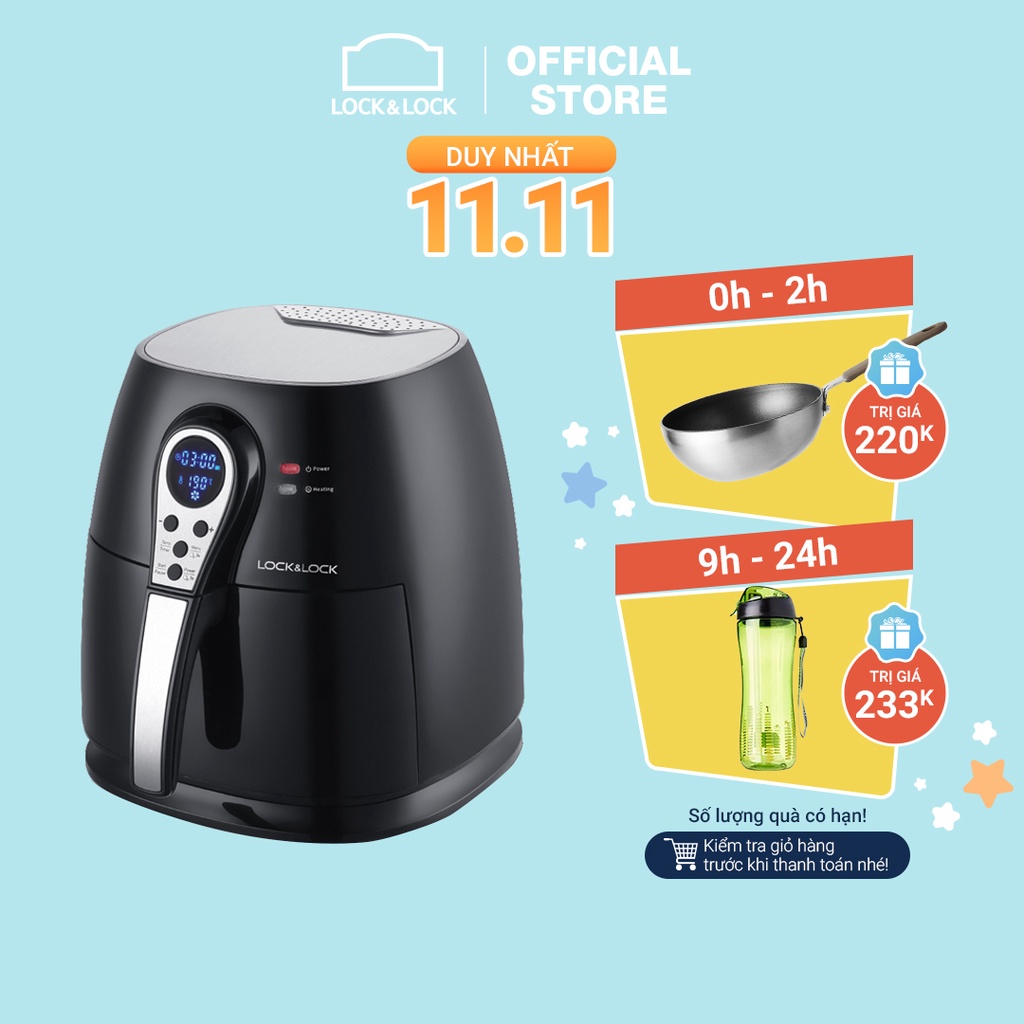 [Mã ELLOCKN11 giảm 8% đơn 500K] Nồi chiên không dầu Lock&Lock 3.0L, 1400W, 220-240V, 50/60Hz, Màu đen EJF276