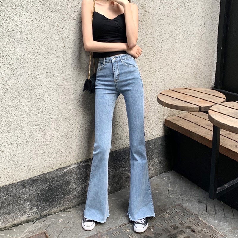 Quần jean nữ ống loe,quần bò loe cạp cao hack dáng chất jeans co giãn-MINXY SHOP