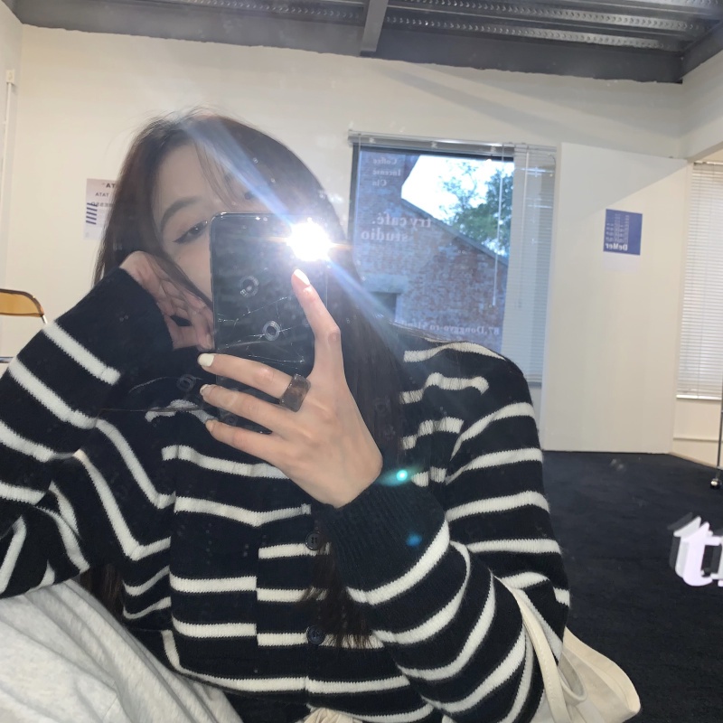 Áo khoác len cardigan ZHELIHANGFEI tay dài họa tiết kẻ sọc ngang phong cách retro dễ phối đồ