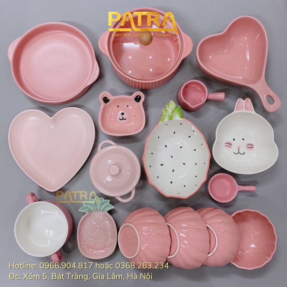 Bát ăn cơm, bộ bát đĩa decor, chén dĩa sứ màu hồng dễ thương cute cao cấp
