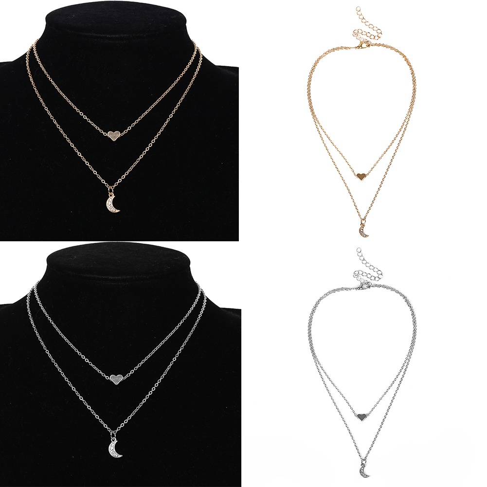 Vòng cổ nữ 2 lớp phối mặt hình mặt trăng/trái tim đính đá thời trang