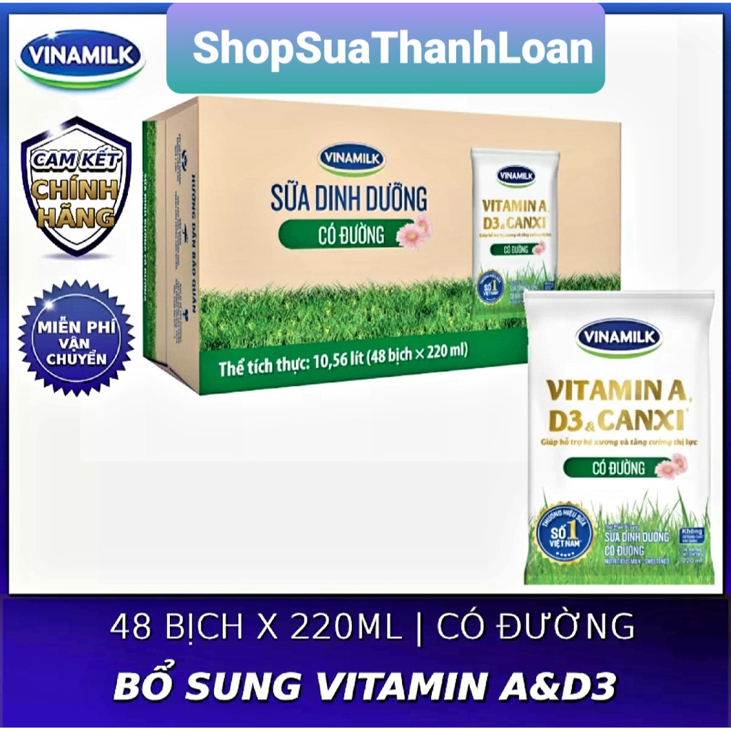 [HSD T10-2022] Thùng 48 Bịch Sữa Vinamilk Có Đường 220ml