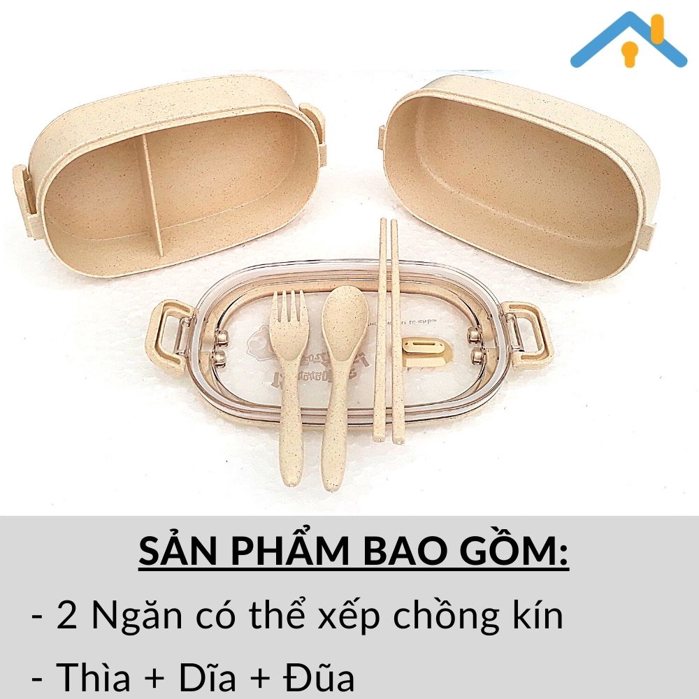 Hộp đựng cơm văn phòng ❤️Dùng được Lò Vi sóng❤️Loại 2 tầng 1.500ml❤️chất liệu lúa mạch an toàn mã 21003