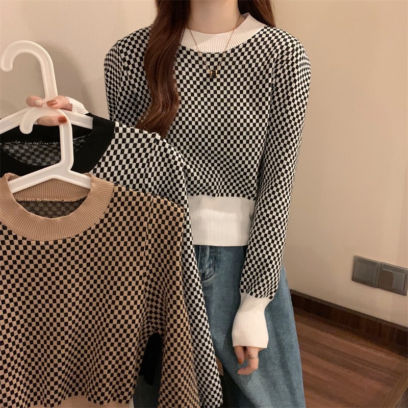 Áo sweater ZHELIHANGFEI dài tay dáng ôm kẻ sọc caro thời trang cho nữ