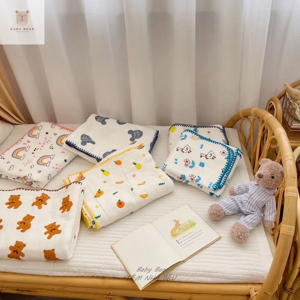 (6 mẫu) Set chăn gối xô cao cấp viển ren cho bé Xô Muslin Hàn Quốc không xù kích thước 105*110cm