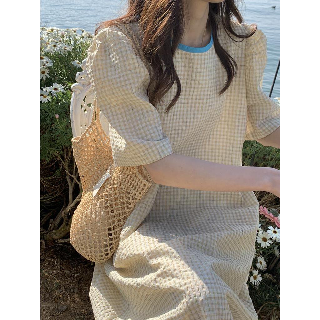 Đầm Sọc Ca Rô Dáng Rộng Ngắn Tay Phối Màu Tương Phản Thời Trang Mới 62594