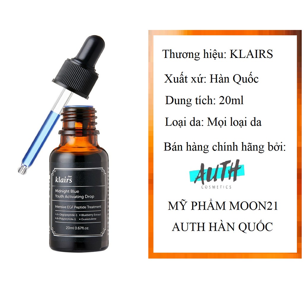 Serum Klairs Midnight, Tinh chất phục hồi tổn thương da Klairs Midnight Blue Drop 20ml dưỡng ẩm cho da nhạy cảm