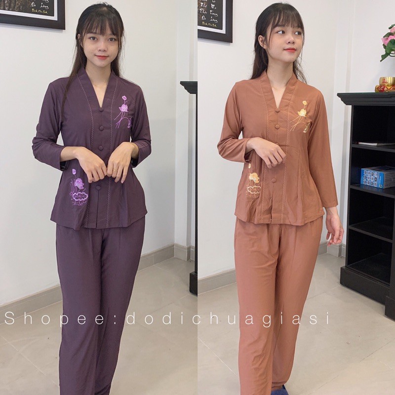 Đồ Lam Đi Chùa # Vải Thun Bà Lai Chui Thêu Sen