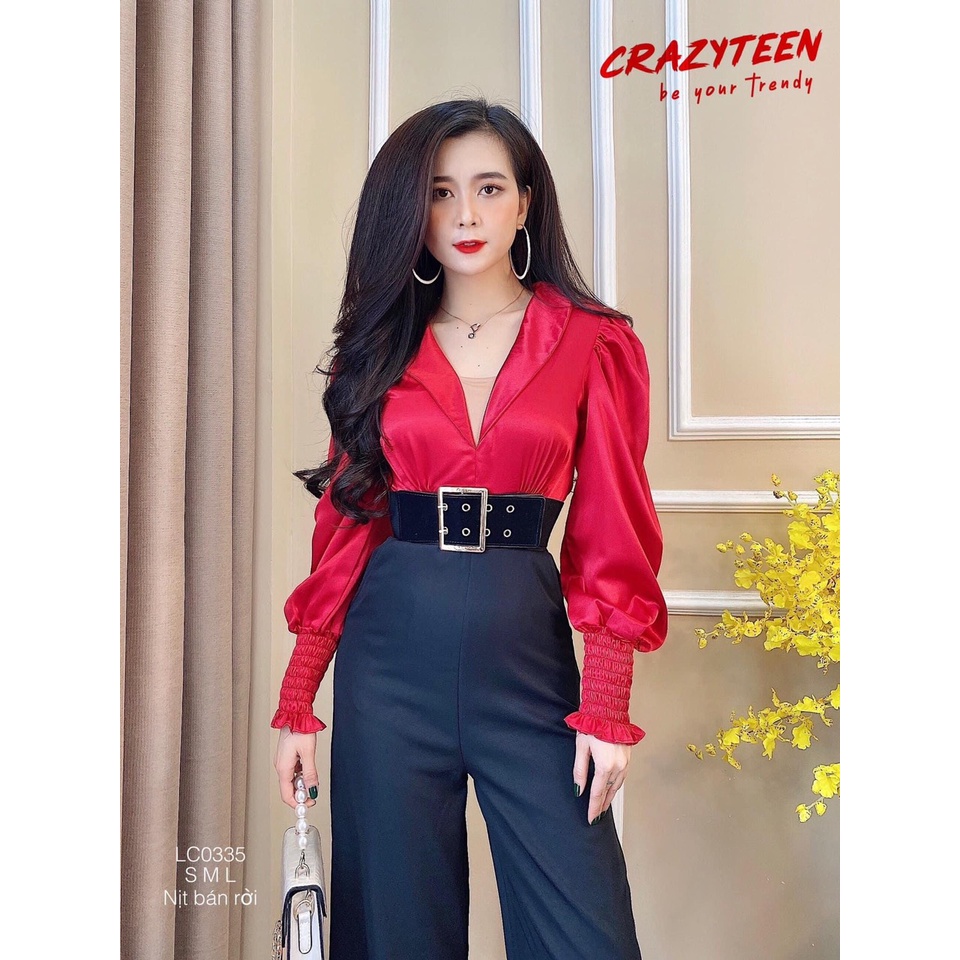 Jumsuit ống suông dài nữ CRAZYTEEN tay dài cổ v LC0335 ( Không kèm belt)