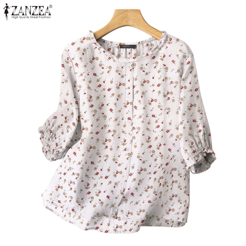 Áo kiểu ZANZEA tay lửng cổ tròn in họa tiết hoa phong cách vintage xinh xắn cho nữ