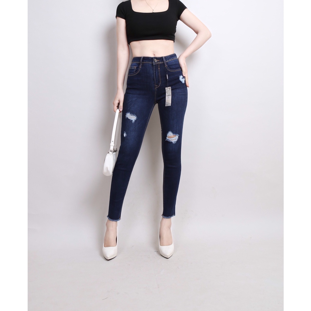 Quần Jean Nữ Skinny Cạp Cao co giãn Gấu Tua Rua Rách CT JEANS