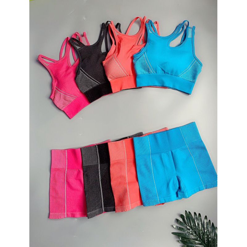 Đồ tập gym nữ, set bộ quần đùi áo bra dệt kim GS quảng châu Bin Sports BN014