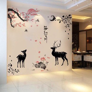 combo 2 bức decal dán tường mẫu cành đào kết hợp hươu đen sang chảnh