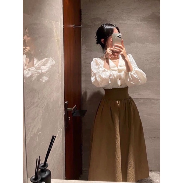 [Hàng VNXK]: Set áo sơ mi cổ ngọc mix chân váy nâu