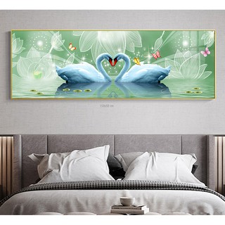 Tranh treo tường đôi thiên nga trang trí phòng ngủ bóng kính hoặc vải canvas thien nga 150x50 cm 27-1-2021
