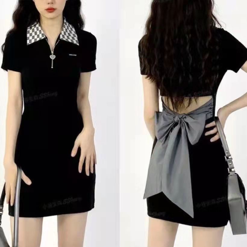 AMOI Đầm Tay Ngắn Cổ Polo Thắt Nơ Lưng Họa Tiết Sọc Caro