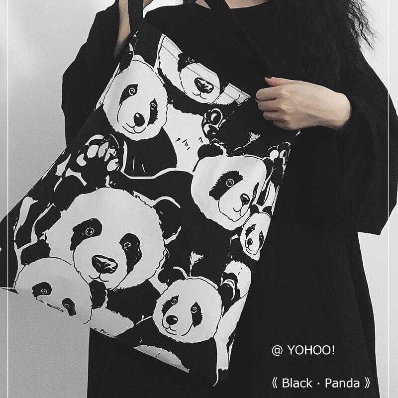 Túi Vải Canvas Đeo Vai Họa Tiết Gấu Trúc Đáng Yêu Cho Nữ