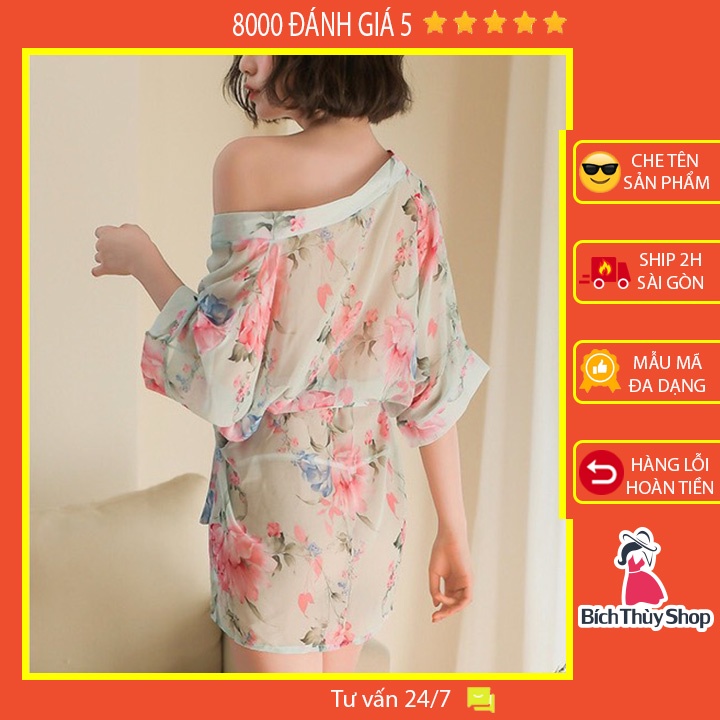 Áo choàng ngủ xuyên thấu sexy kiểu kimono in hoa sang trọng BT42218