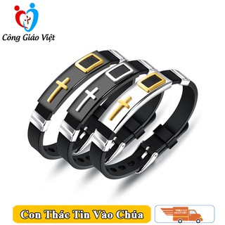 Vòng thánh giá thời trang mặt titan cao cấp, vòng tay Công Giáo bằng cao su co dãn trẽ trung