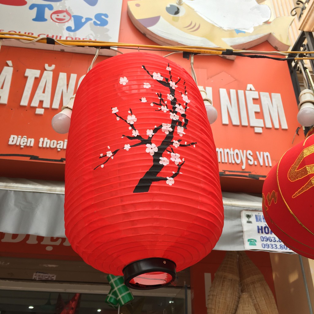 Đèn lồng đỏ hoa mai đào trang trí Tết - đèn lồng vải kiểu Nhật