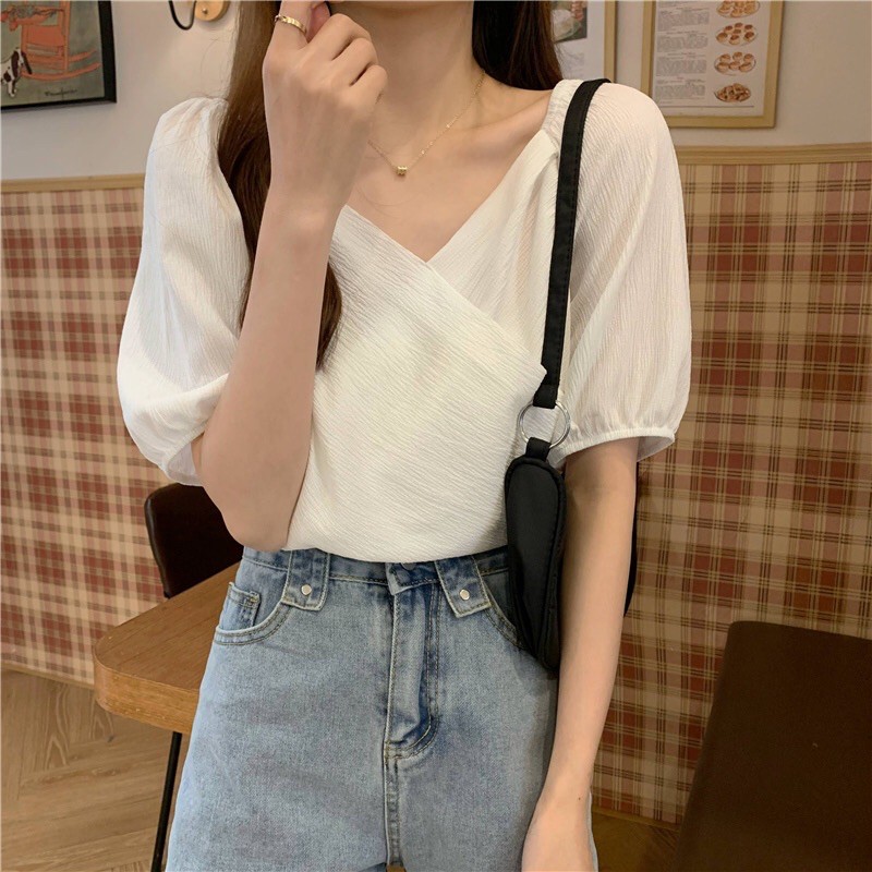 Áo sơ mi cổ chéo tay bồng không nhăn đi học đi làm | BigBuy360 - bigbuy360.vn